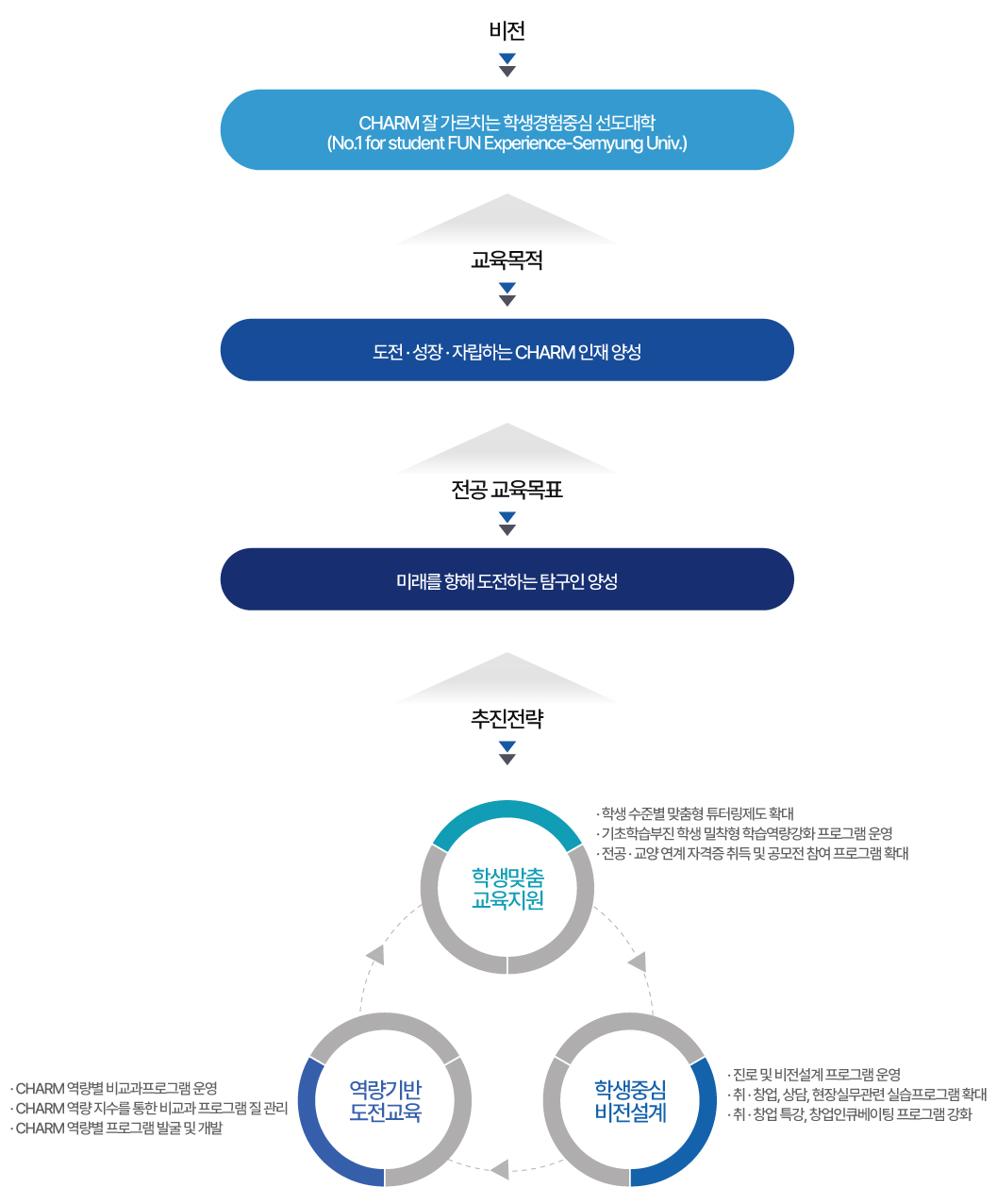 비전:CHARM잘가르치는학생경험중심대학, 교육목적:도전.성장.자립하는 CHARM인재 양성, 비교과교육목표:미래를 향해 도전하는 탐구인 양성, 추진전략:1.학생맞춤교육지원-학생수준별 맞춤형 튜터링제도 확대, 기초학습부진학생 밀착형 학습역량강화프로그램 운영, 전공.교양 연계 자격증 취득 및 공모전 참여 프로그램 확대, 2.역량기반 도전교육-CHARM역량별 비교과프로그램운영, CHARM역량지수를 통한 비교가 프로그램 질 관리, CHARM역량별 대표프로그램발굴및개발, 3.학생중심 비전설계-진로 및 비전설계프로그램운영, 취.창업, 상담, 현장실무관련 실습프로그램확대, 취.창업특강, 창업인큐베이팅프로그램강화